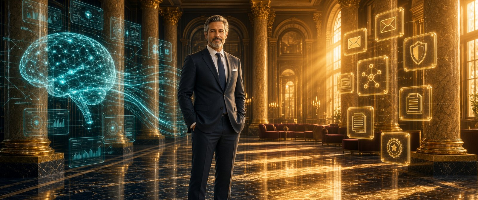 Business professional between a glowing blue AI brain and golden business tools in an elegant hall
