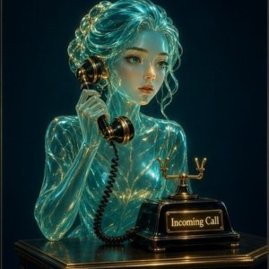 AI assistant holding a telephone handset — optional telephone-answering service
