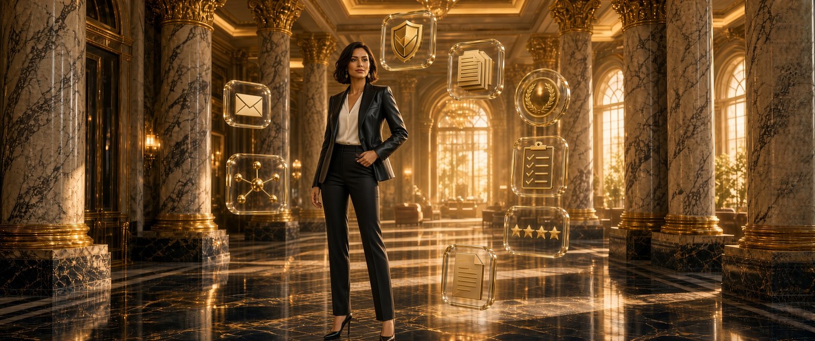 Business professional in a golden marble hall surrounded by digital business tool icons